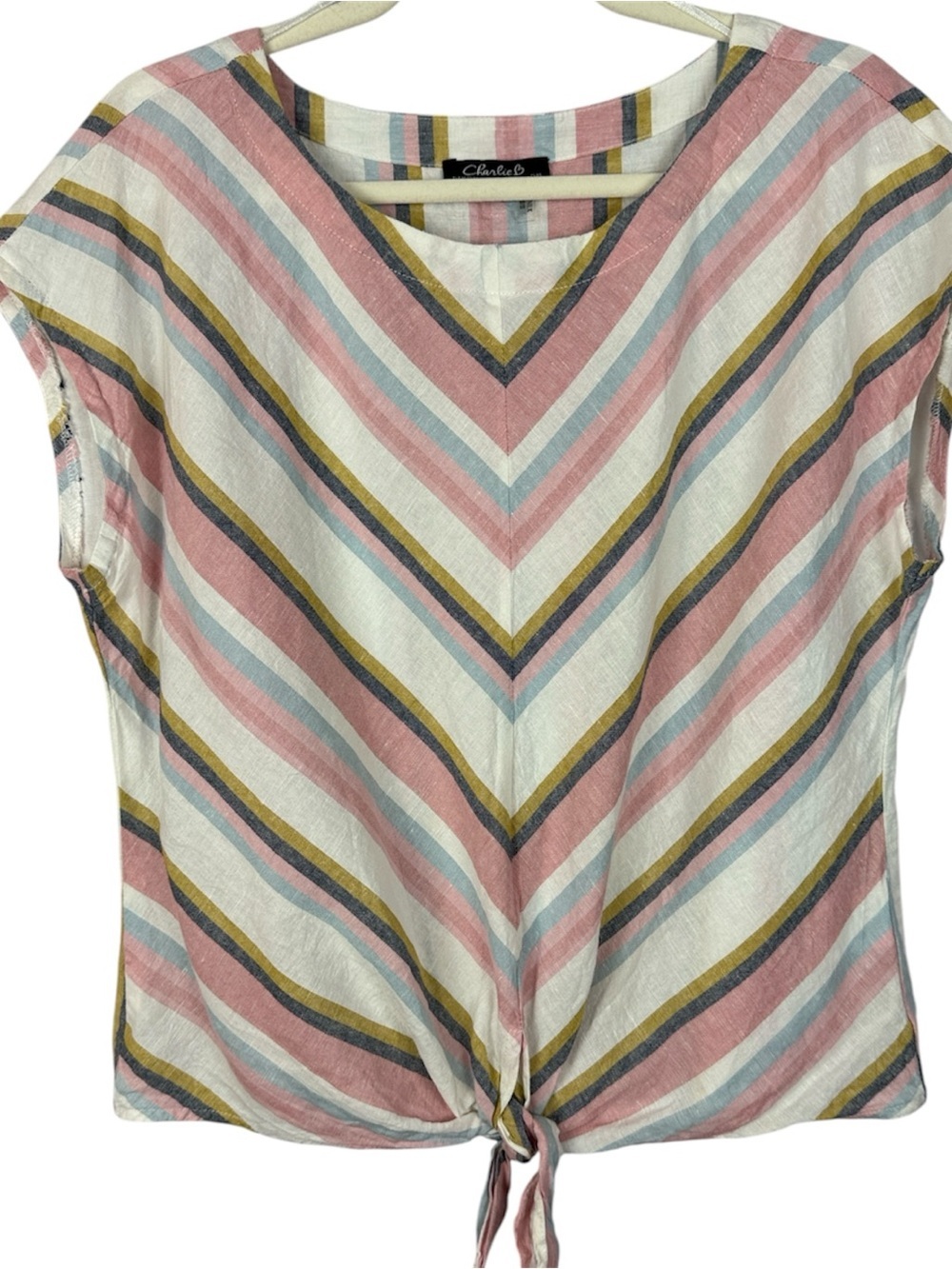Charlie B Linen Cotton Blend Striped Tie Front Top Medium Pink Blue Chevron